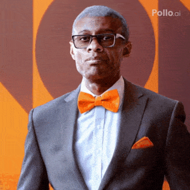 a man wearing a suit and an orange bow tie has pollo.ai written on the bottom