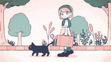 a cartoon drawing of a girl and a black cat