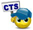 a cartoon smiley face wearing a blue hat is holding a sign that says cts .