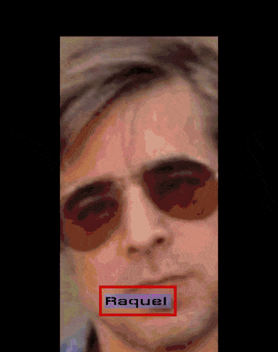 a close up of a man 's face with the name raquel in a red circle