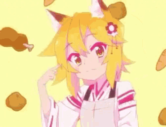 a girl with a fox 's tail is pointing at a chicken leg in the air .