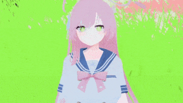 a girl with pink hair and green eyes is standing in a field with the words hello chat below her