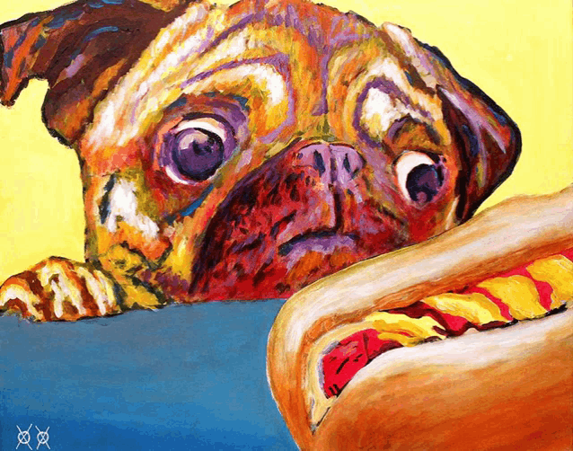 a colorful painting of a pug dog looking at a hot dog
