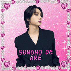 a picture of sungho de are on a pink background with hearts