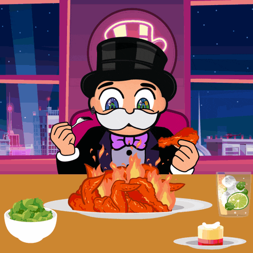 a man in a top hat and bow tie is eating wings