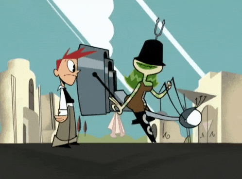 two cartoon characters are standing next to each other and one has a sword