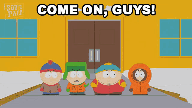 a poster for south park shows four characters standing in front of a yellow building