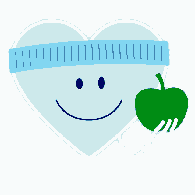 a heart with a measuring tape around it and a green apple in its mouth