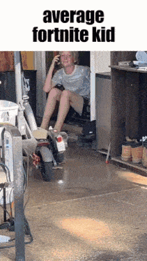 a boy is sitting on a scooter in a garage with a caption that says `` average fortnite kid '' .