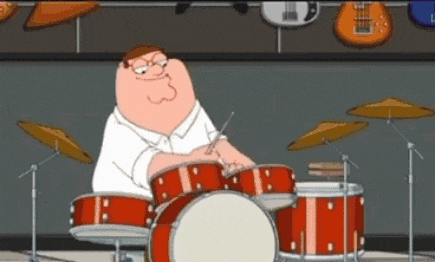 peter griffin from family guy is playing drums in a band
