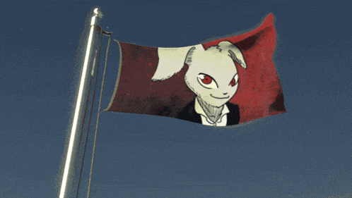 a flag with a picture of a rabbit with red eyes