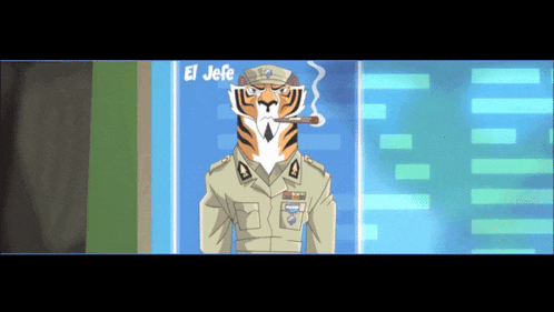 a cartoon of a tiger in a military uniform smoking a cigar with the word el jefe above him