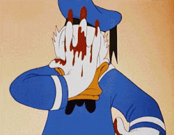 donald duck is covering his face with blood coming out of his hands