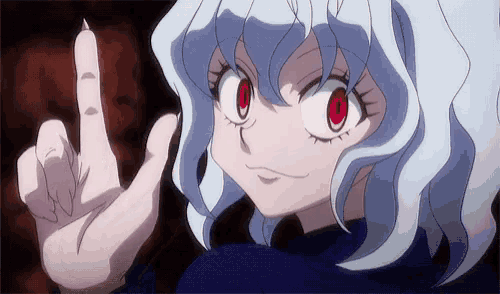 a cartoon character with white hair and red eyes is giving a middle finger