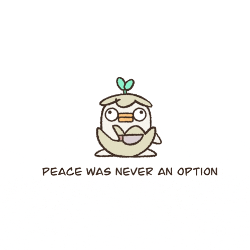 a cartoon of a bird with a plant on its head and the words peace was never an option