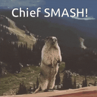 a ground squirrel standing on its hind legs with the words chief smash behind it