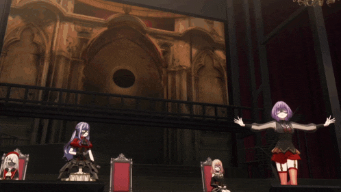 a girl with purple hair is covering her face in front of a large screen