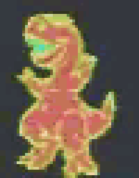 a pixel art of a dinosaur with its mouth open and a pink tongue .