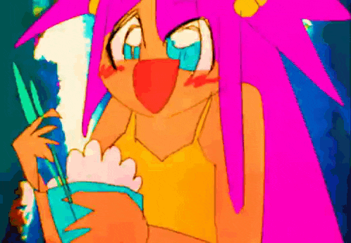 a cartoon girl with pink hair is holding a cup
