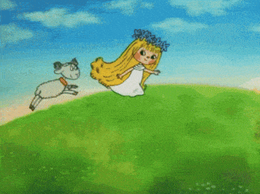 a cartoon drawing of a girl and a goat