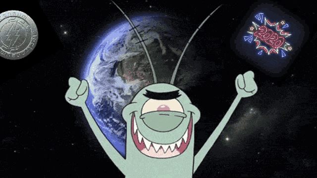 a cartoon character with the year 2020 written on a neon sign