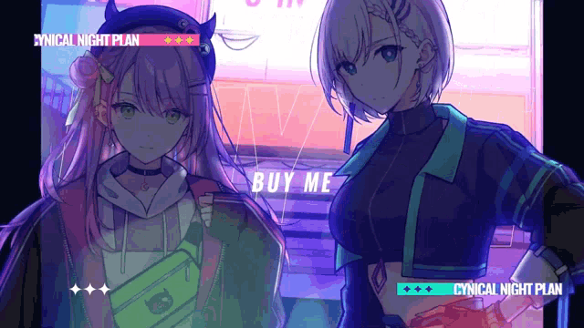 two anime girls are standing next to each other with the words cynical night plan behind them