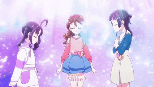 three anime girls are standing next to each other with shine written on the bottom