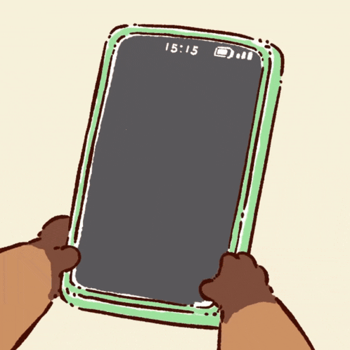 a cartoon of a person holding a cell phone with the time of 15:15 on the screen