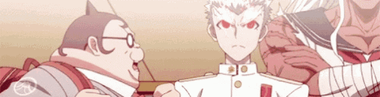 a group of anime characters are standing next to each other and one of them has red eyes