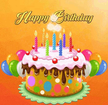 a birthday card with a cake and balloons and the words " happy birthday "