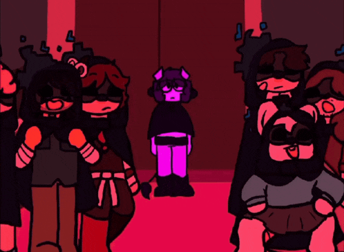 a group of people are standing in a dark room with a purple monster in the middle