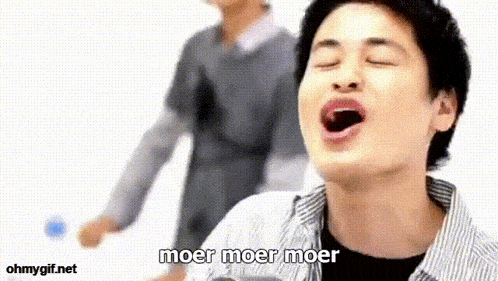 a man is making a funny face with his mouth open and the words moer moer moer on the bottom .