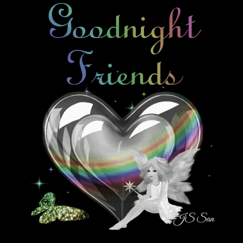 a fairy is sitting in a heart shaped soap bubble with the words goodnight friends below it