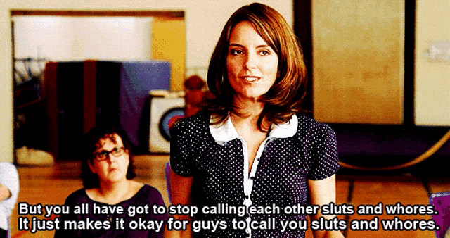 a woman in a polka dot shirt is talking about sluts and whores