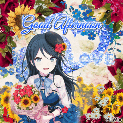 a girl holding a bouquet of flowers with the words good afternoon written above her