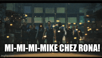 a group of people standing in front of a building with the words mi-mi-mi-mike chez rona written on the bottom