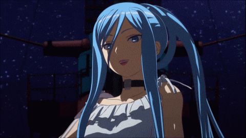 a girl with long blue hair is wearing a choker