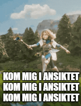 a picture of a woman holding a wand with the words kom mig i ansiktet written on it