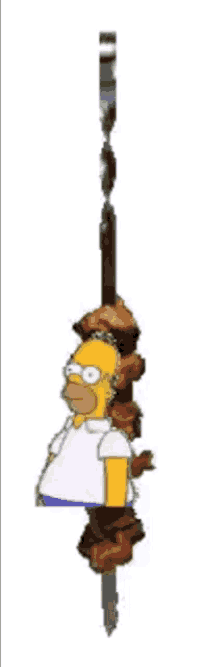homer simpson is hanging from a skewer with meat