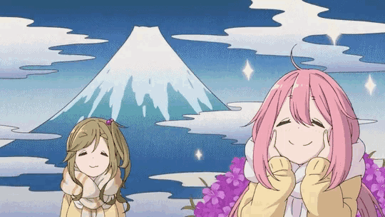 two anime girls are standing in front of a mountain and smiling