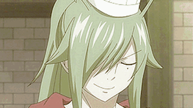 a girl with long green hair wearing a chef hat