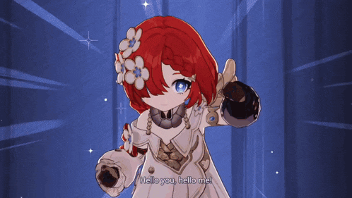 a girl with red hair says hello you hello me in a video game