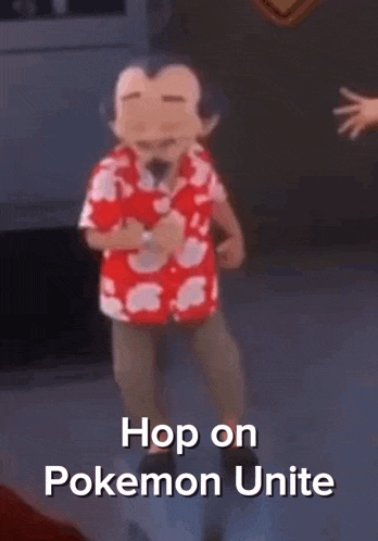 a cartoon character is dancing with the words `` hop on pokemon unite '' written below him .