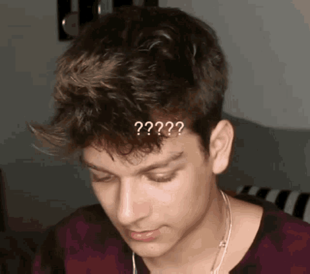 a close up of a young man 's face with the question marks on his hair