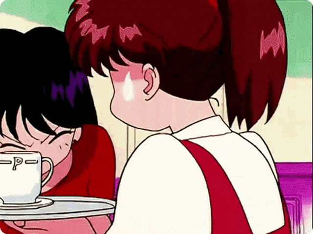 a girl in a red apron is holding a cup of coffee with the letter p on it