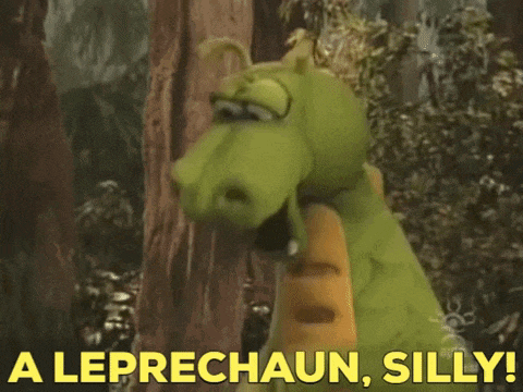 a cartoon leprechaun says a leprechaun silly in front of a tree