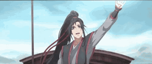 a cartoon character with long hair and a ponytail is standing on a boat with his arm outstretched