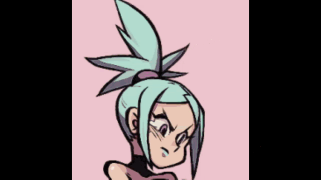 a cartoon character with a skull on her head is standing on a table in a room .