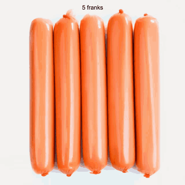 a bunch of hot dogs are lined up in a row with the words 5 franks above them
