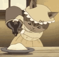 a cartoon cat is pouring something into a bowl
